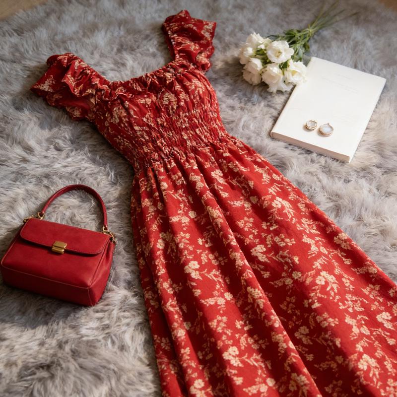 2026 Summer French Retro Red Floral Square Neck Dress for Petite Women