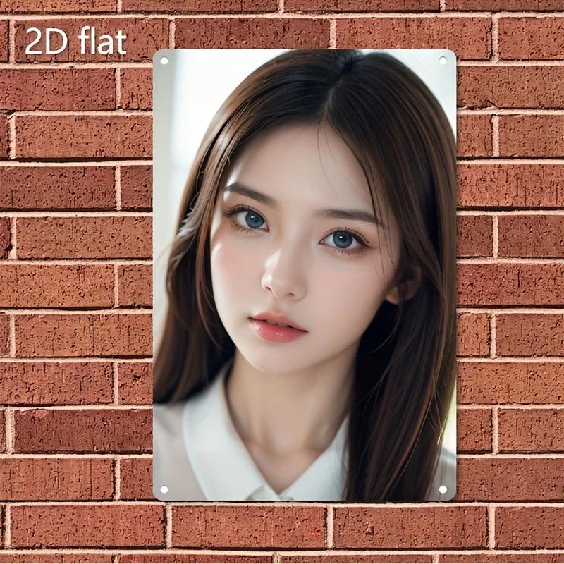 Placa de Metal com Rosto de Mulher Estilo Coreano - Pôster de Ferro com Retrato Feminino Minimalista Para Casa, Café, Bar e Presente de Natal