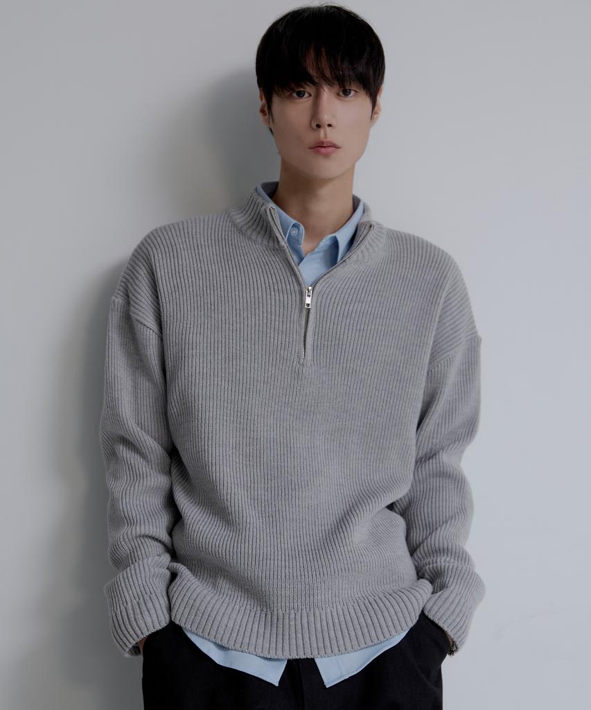 NODU Quarter Half Zip Ribbed Knit [Gray]