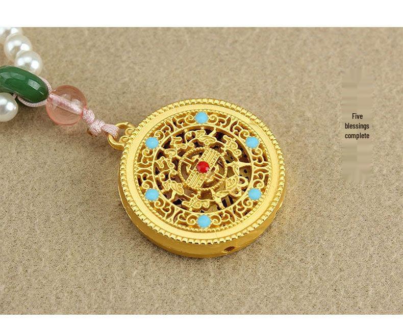 Retro Five Blessings Imitation Pearl Necklace with Cloisonné Pendant - Chinese Style Long Beaded Accessory