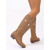 Foreign Trade Large Size Star Totem Embroidered High Leather Boots Women's European and American Style Sewing Thread Pointed Thick Heel Western Boots