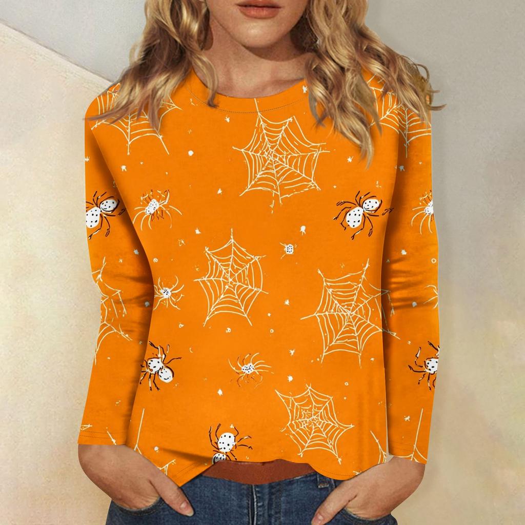 Women's long-sleeved loose-necked Halloween print casual top, suitable for holiday parties