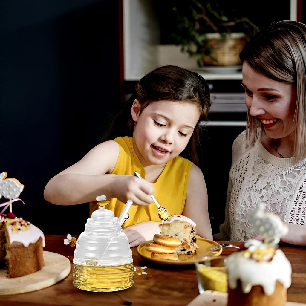 Honey Jar Clear Glass Honey Dispenser with Dipper Stick and Lid Large Capacity Honey Bottle Cute Decorative Honey Container