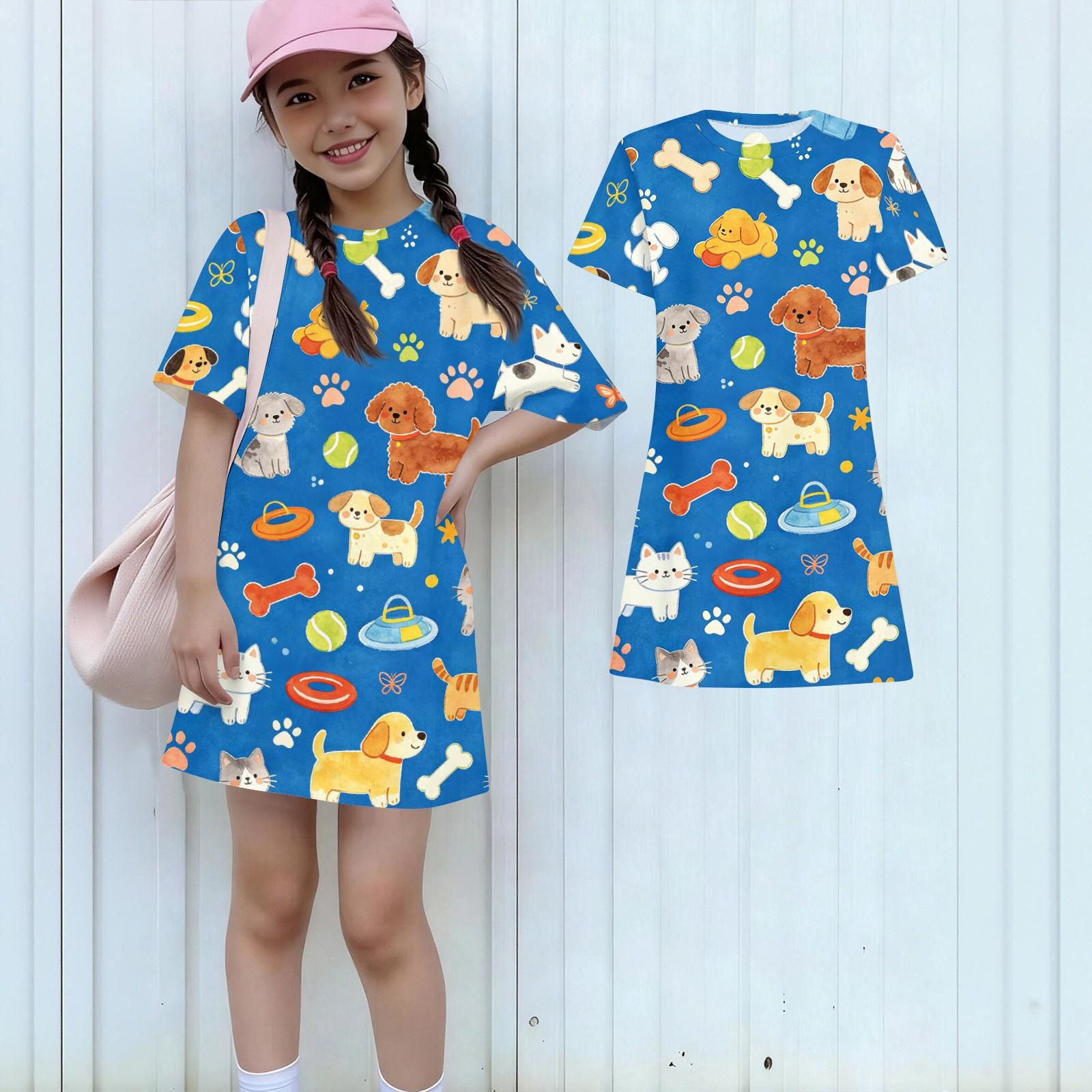 

Girls Loose Fit Short Sleeve Dress Animal Print Round Neck Lightweight Summer Dress for Kids Casual Wear 120 синий