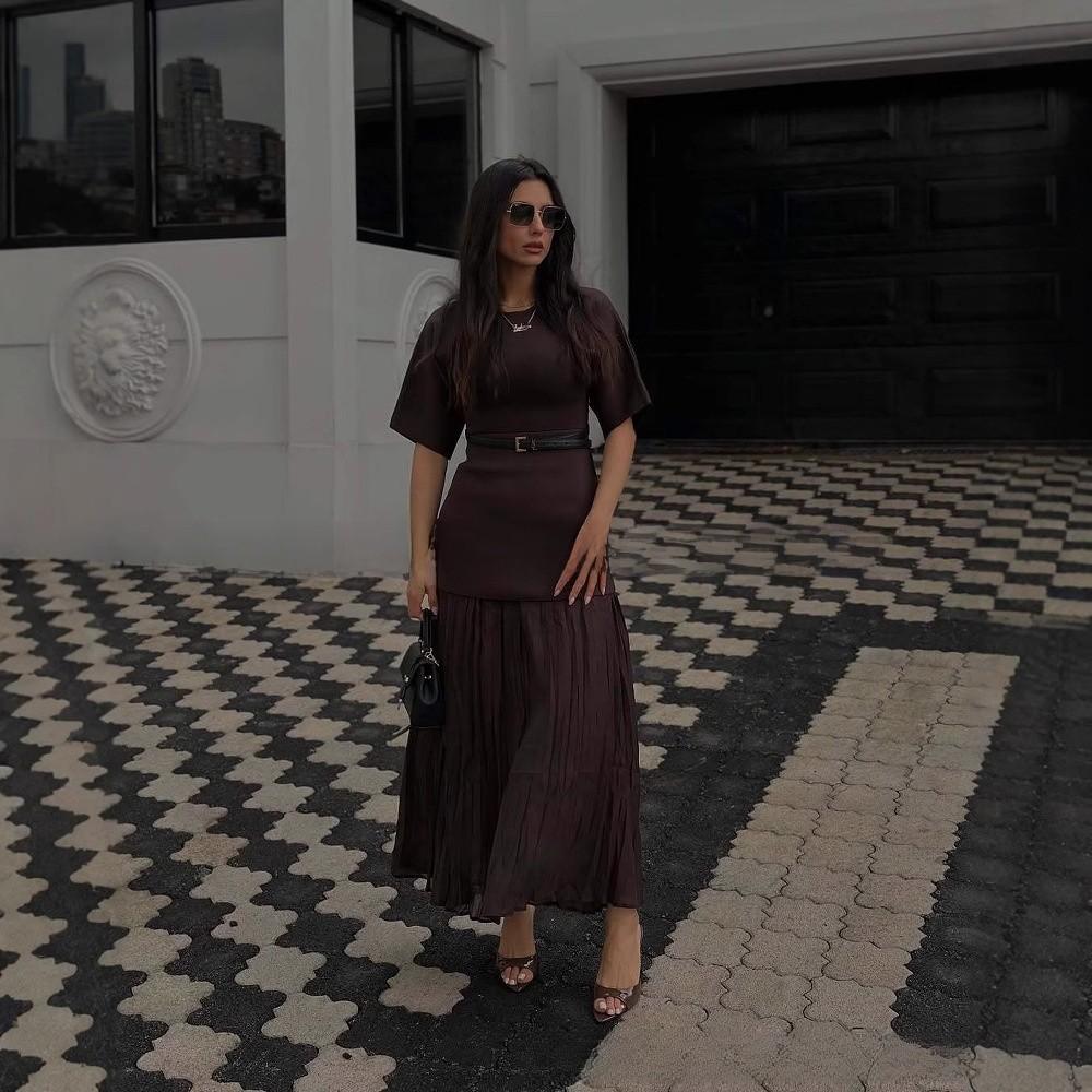 Elegant Polyester Spliced Short Sleeve Dress For Women With Round Neck For Spring