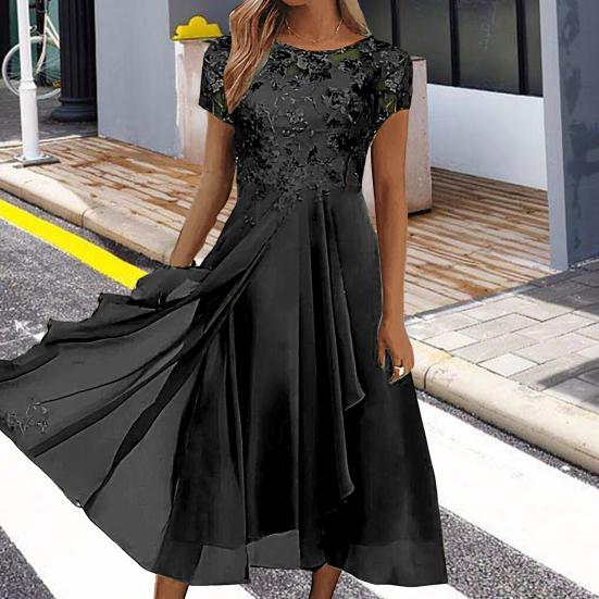 O-Neck Short Sleeve Waist Tight High-waisted Evening Dress Elegant Embroidery Lace Floral