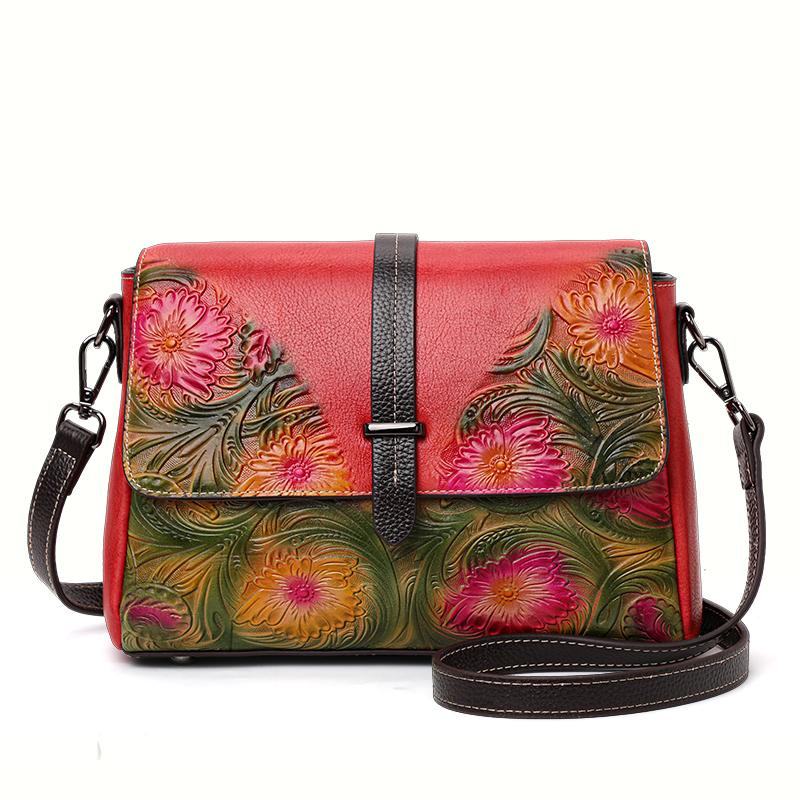 

Женская сумка через плечо из натуральной кожи в стиле ретро, большая вместимость, цветочный узор, квадратная сумка из коровьей кожи
