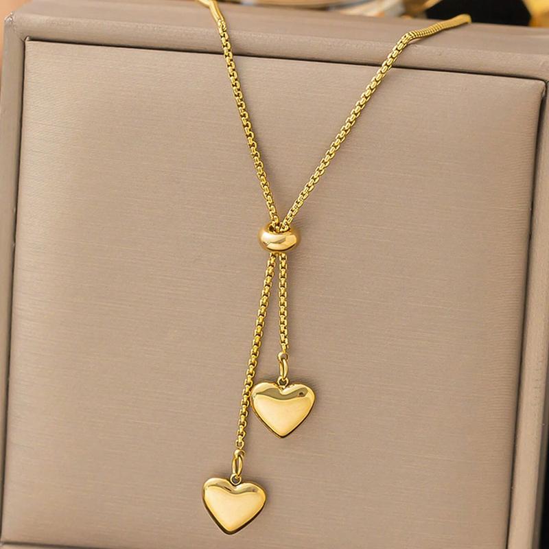 Stainless Steel Heart-Shaped Tassel Pendant Necklace for Women Gold Y-Shaped Clavicle Chain Jewelry