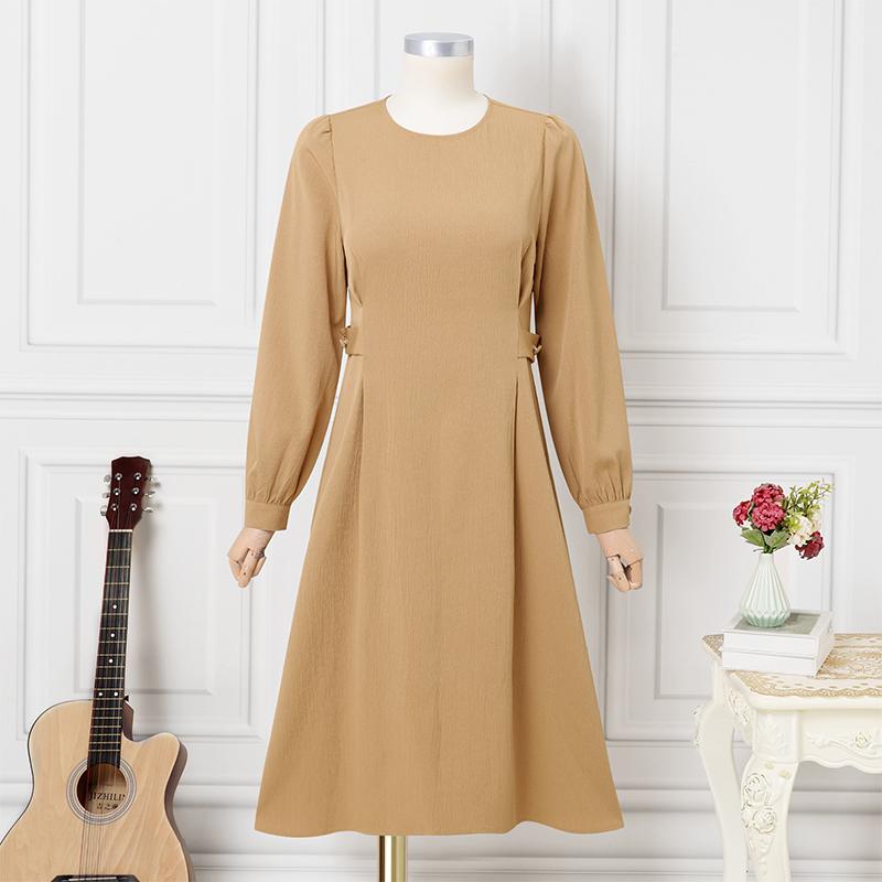 VONDA Women Elegant Round Neck Solid Color Casual Long Sleeve A-line Dress