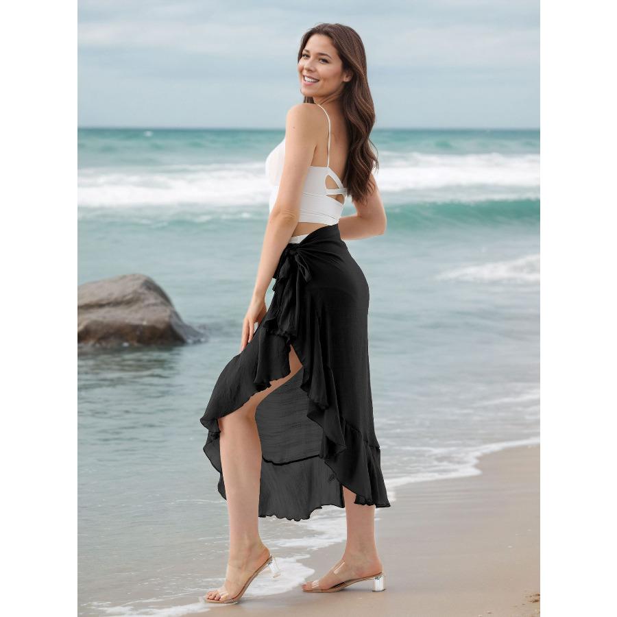 

Women s Bamboo Texture Ruffle Hem Sarong Skirt One Piece Tie Side Beach Wrap, Lightweight Flowy Cover Up 0985 One size fits all чёрный