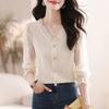 Women's V-Neck White Lace Long-Sleeve Top with Undershirt for Autumn