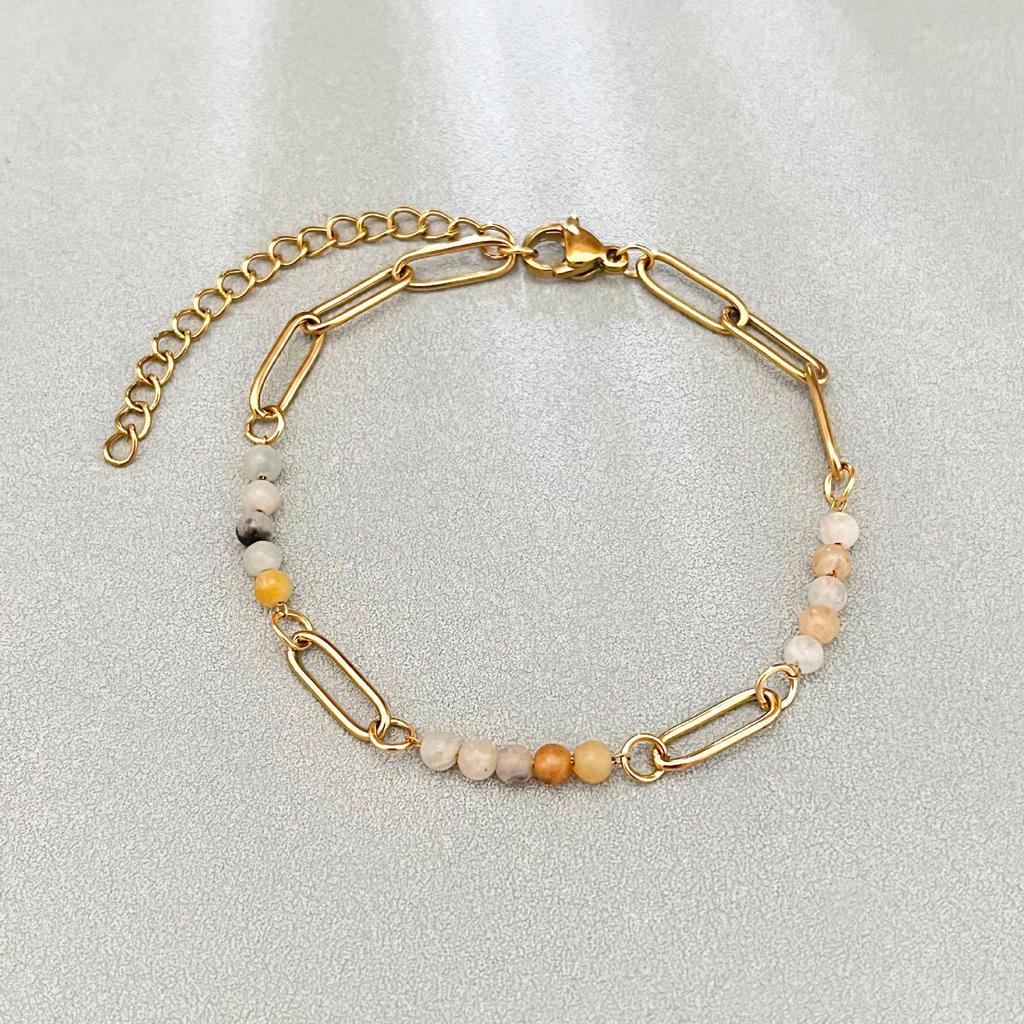 Elegant 18k Gold-Plated Stainless Steel Bracelet with Natural Stone Inlay - Trendy and Fade-Resistant for Women