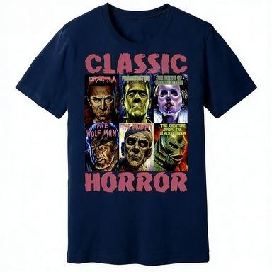 Classic Horror Mens Tshirt with A Classic Style Featuring Patterns of Frankenstein and Werewolves on The Shirt