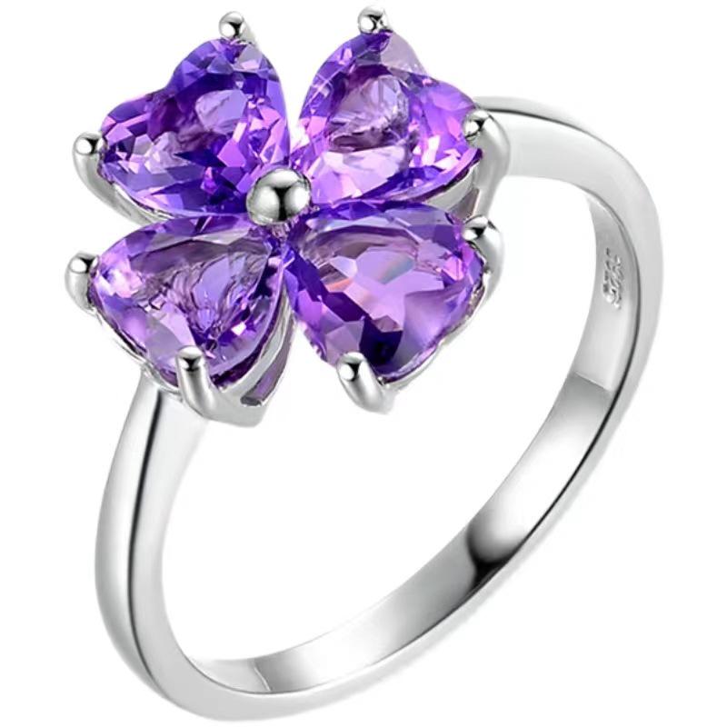 Natural Amethyst Four-Leaf Clover Pinky Ring, Adjustable Lucky Gift Jewelry for Women