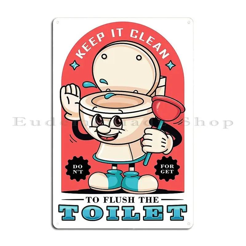 Flush The Toilet A Cartoon Of A Toilet Mascot Holding A Toilet Straw Metal Sign Club Customized Wall Plaque Tin Sign Poster