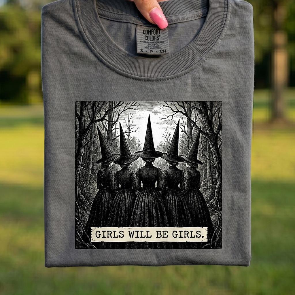 Comfort Colors® - Girls Will Be Girls Shirt, Vintage Dark Witch Coven Shirt, Retro Spooky Witchy Forest Tee, Gothic Halloween T-Shirt