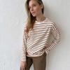 Cozy Loose Long Sleeve Striped T-Shirts Women Autumn Basic Casual Cotton Tops Round Neck Street Style Blouse