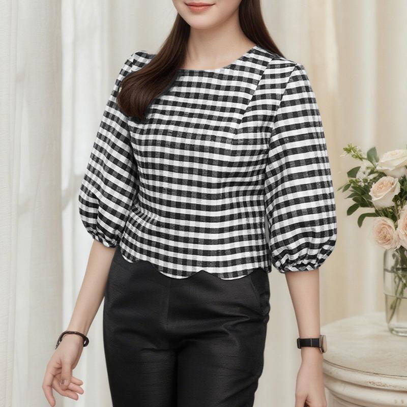 

ZANZEA Women Retro Plaid Print Casual 3/4 Sleeve Blouse S чёрный