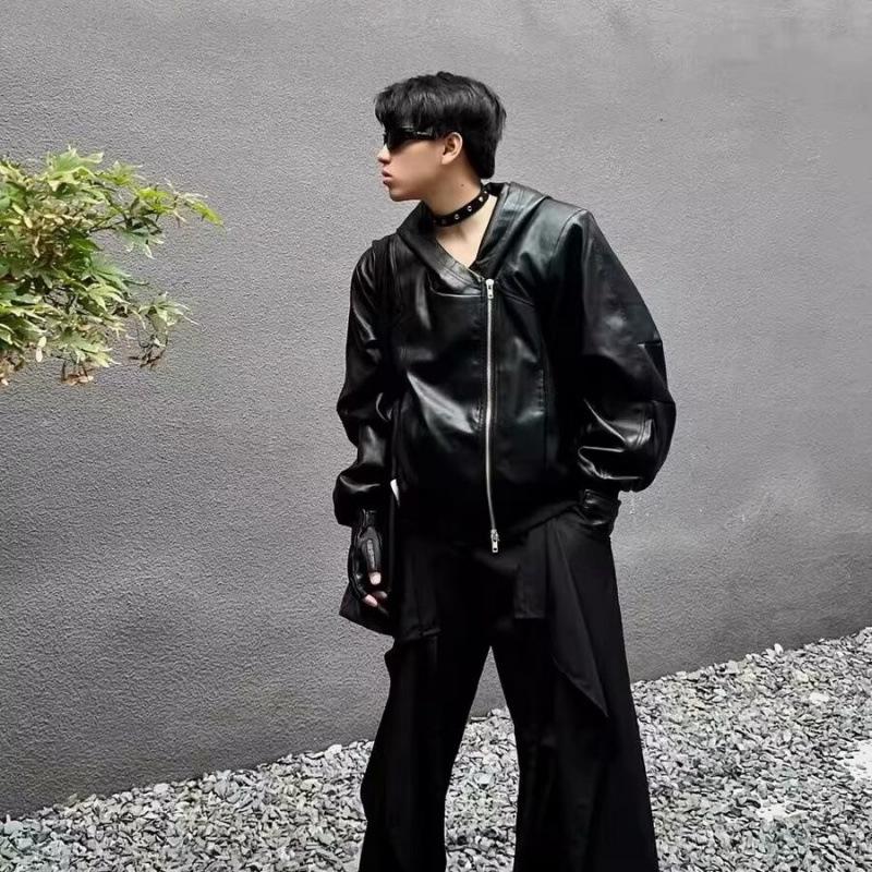 Men's Trendy Black PU Leather Hooded Jacket with Oblique Zipper - Korean Style for Spring and Autumn