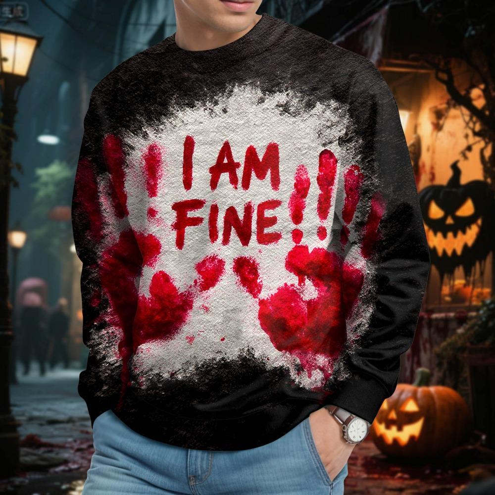 Men Men's Halloween Bloody I AM FINE Letter Printed Crew Neck Hooded Sweatshirt Long Men Cotton Sweat Suits