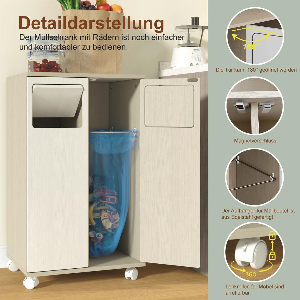 Armadio per la spazzatura, Armadietto da cucina su ruote effetto legno chiaro, Armadietto per la raccolta differenziata a 2 ante con rotelle bianche, per Cucina e Sala da pranzo, 46,7x35x80cm