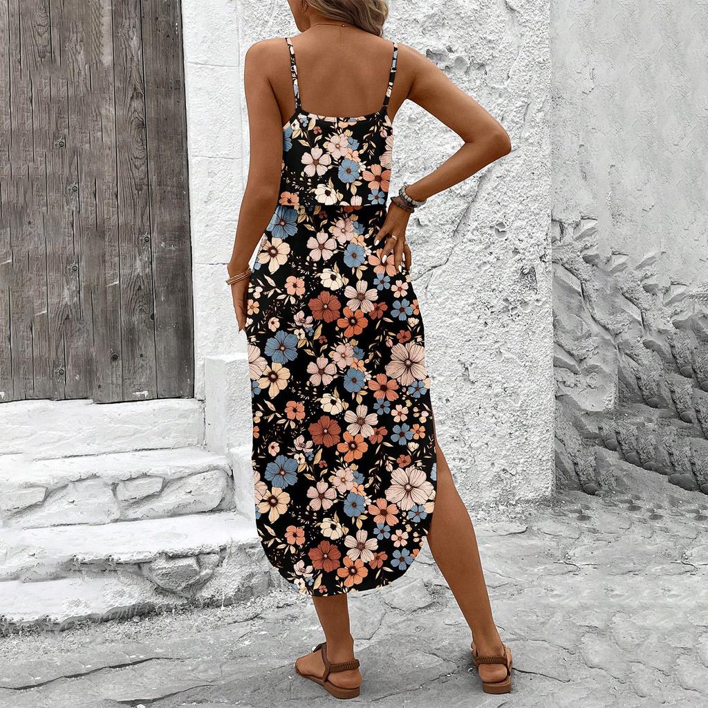 Women's Vintage Floral Print Sleeveless Dress Casual Waist Tie Midi Dress with Side Slit Summer Beach Dress