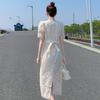 Summer Women's Clothing French Waist Lace Dress Temperament Thin Heavy Industry Embroidery White Medium and Long Skirt