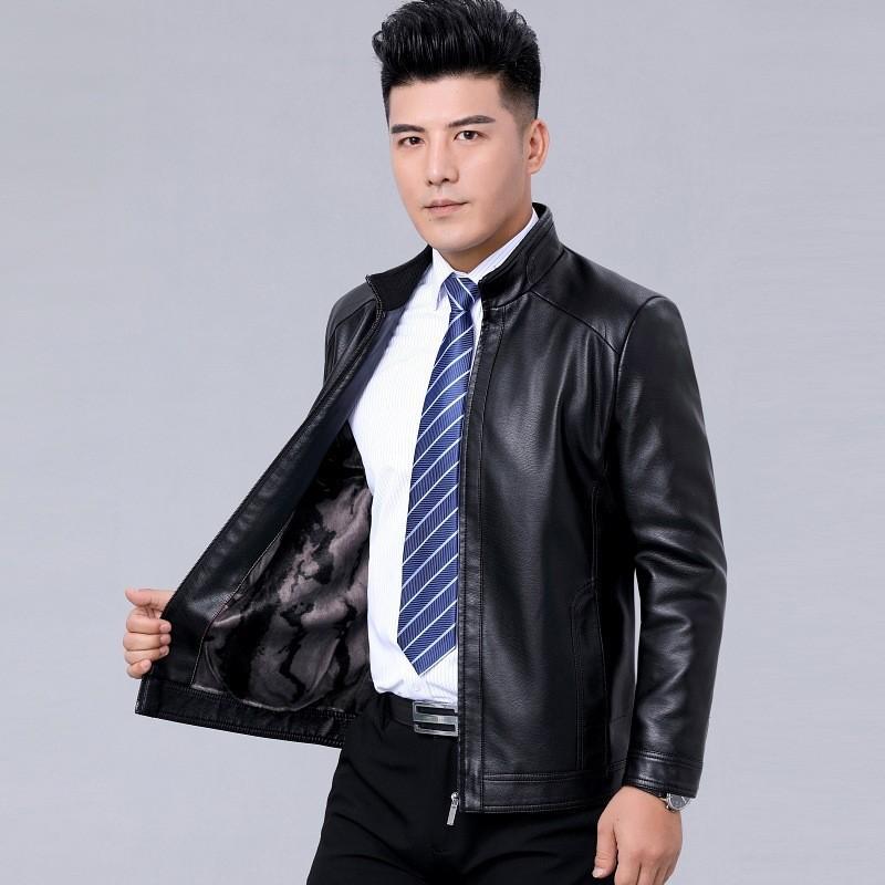 Mens Faux Leather Jacket Stand Collar Zip-Up Warm Thick Winter Business Casual Outerwear