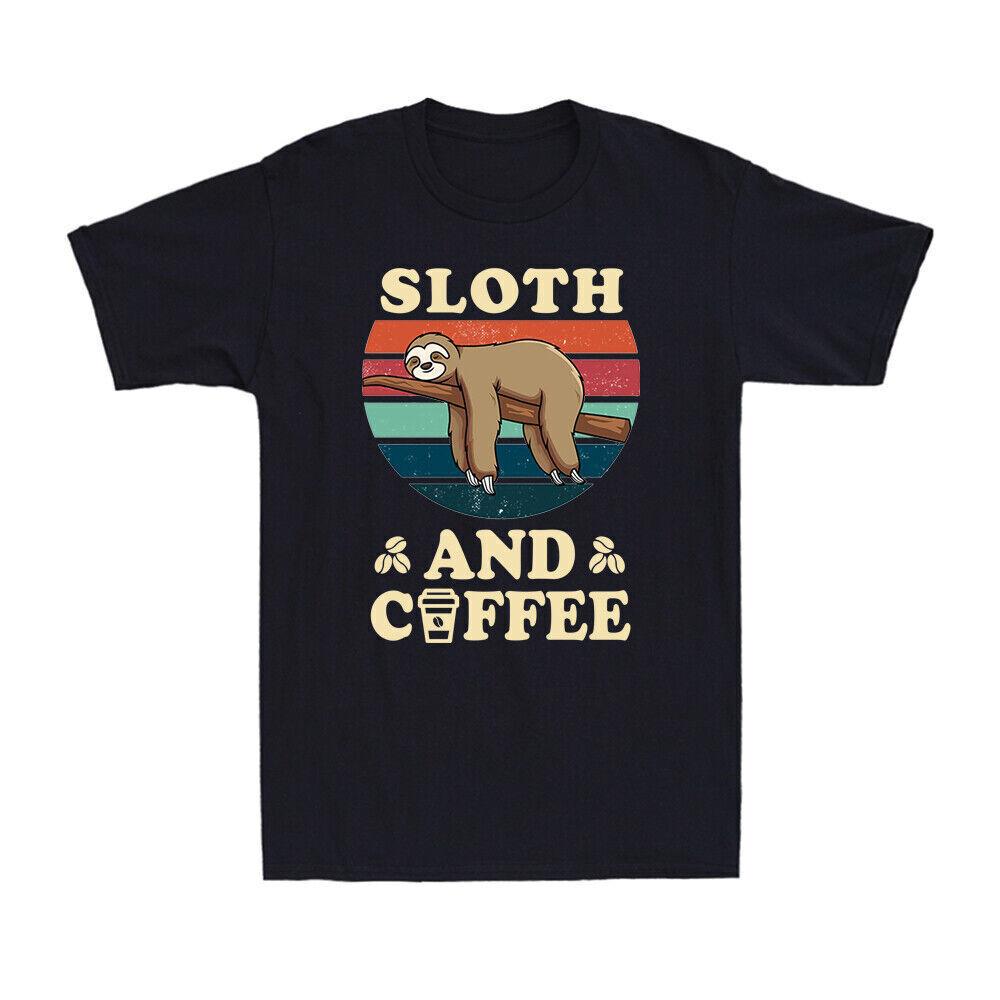 I Like Sloth And Coffee Funny Vintage Pet Theme Lover Men s T-Shirt Black Tee XXXXL