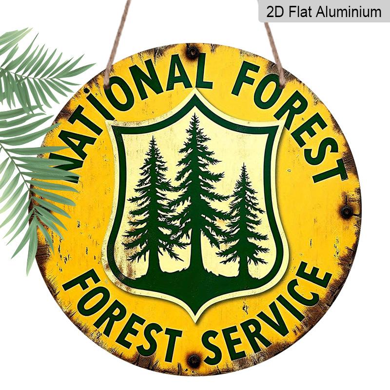 

2D Flat, 1pc Metal Aluminium Sign Vintage-Style Metal Round Sign, Retro Forest Service Wall Art with Green Pine Trees & National Forest Service 7.87x7.87inch