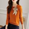 French Style Fashion Sping Autumn New Sweaters Women O-Neck Bow Lacing Small Scarf Temperament Long Sleeve Pullovers Knitted Top