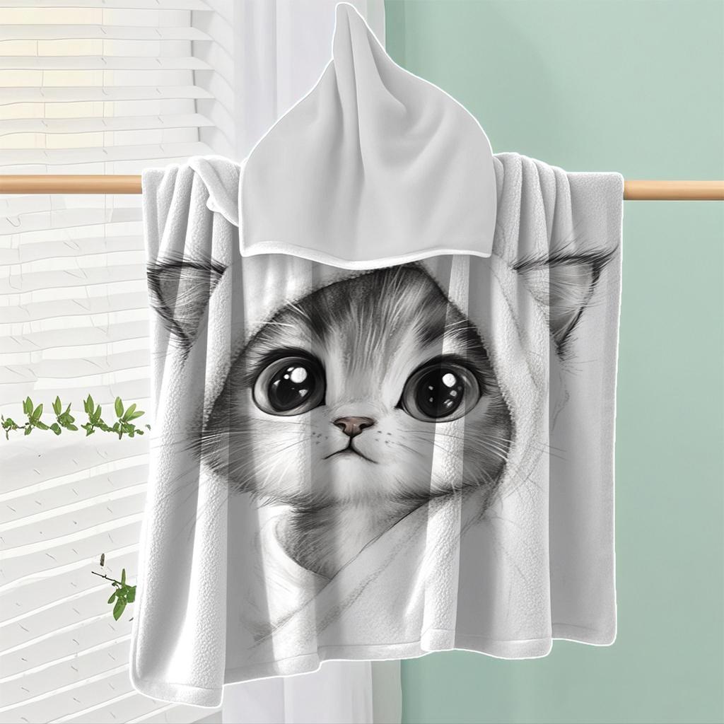 Cute Kitten Hooded Beach Towel 2D Oversized Quick Dry Sand Free Towel for Beach Pool Swimming Travel Soft Absorbent Towel Gift