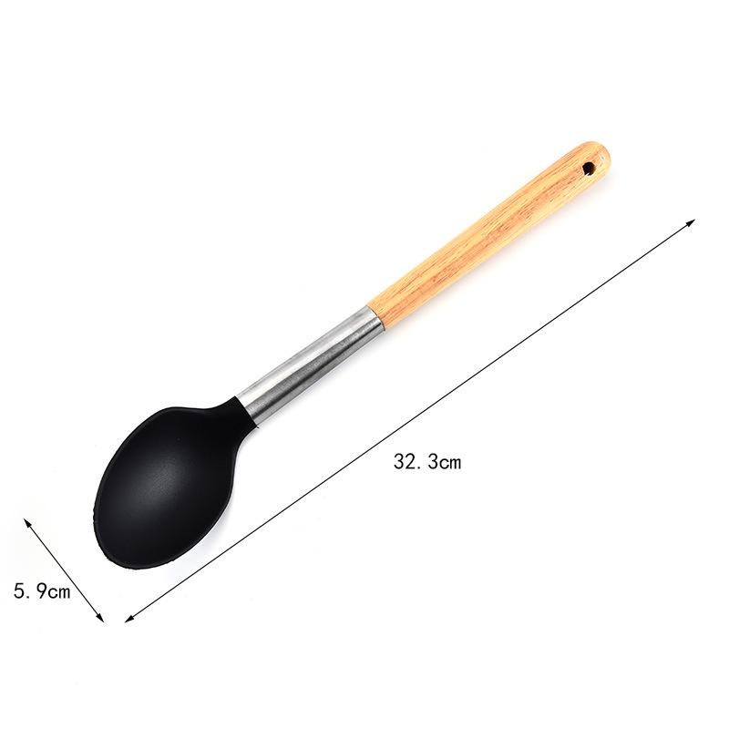 Durable Wooden Handle Silicone Kitchenware 7-Piece Set: Non-Stick Spatula & Spoon