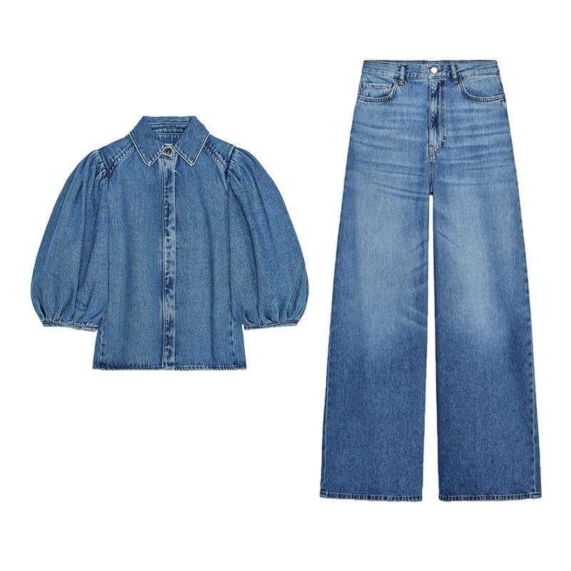 Lapel Puff Sleeves Denim Shirt 5216053 Washing Effect High Waist Wide Leg Denim 6840055