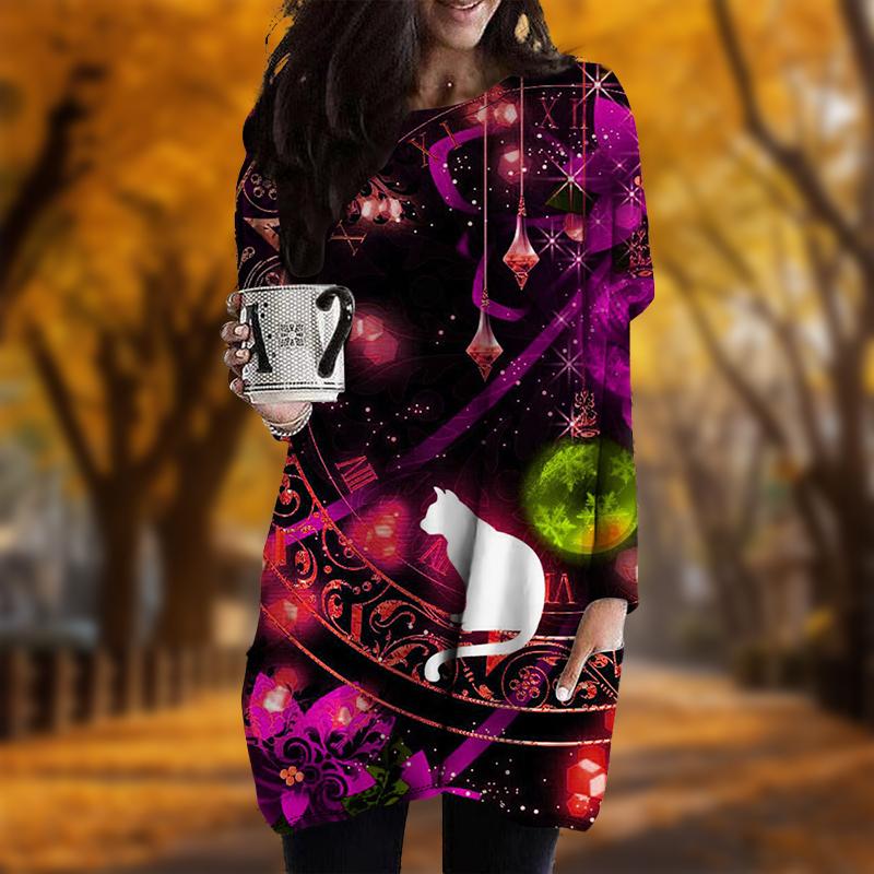 

Новинка осени с принтом «Волшебная кошка» большого размера женское платье с круглым вырезом и длинными рукавами повседневные платья с карманами 4XL