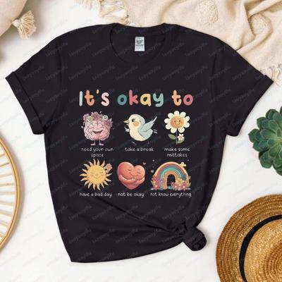 Det är Okej Att T-shirt Unisextal Hälsofrågor Vardaglig Bomulls-Tee Söt Tecknad Grafisk Självkärlek Toppar Kawaii Trend Damkläder