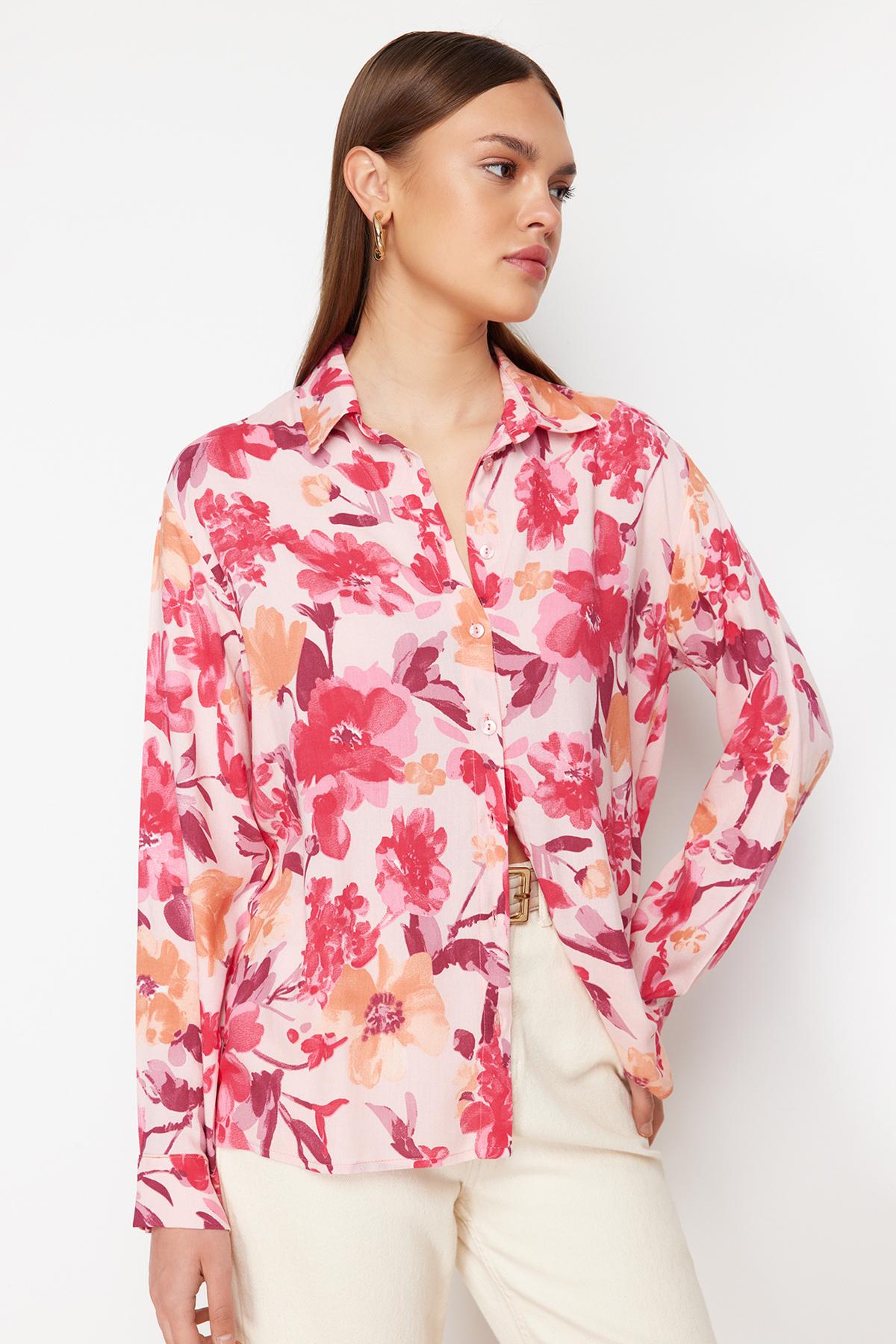 

Женская модная новая рубашка, розовая тканая рубашка с цветочным принтом