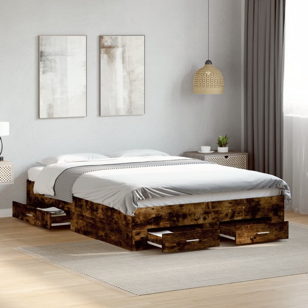 Bed Frame with Drawers Smoked Oak Finish 120 X 190 Cm Engineered Wood