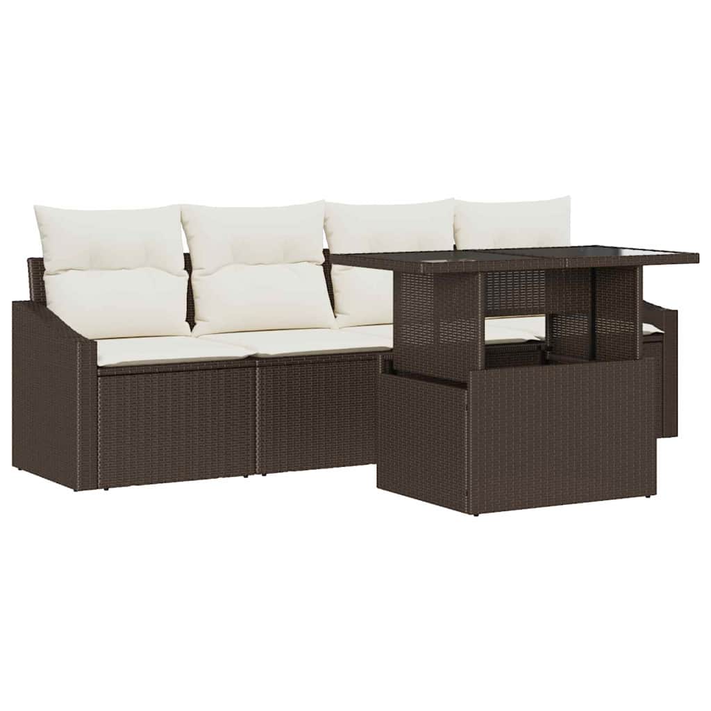 Garden Sofa Set with Cushions 5 Pcs Brown and Cream Poly Rattan