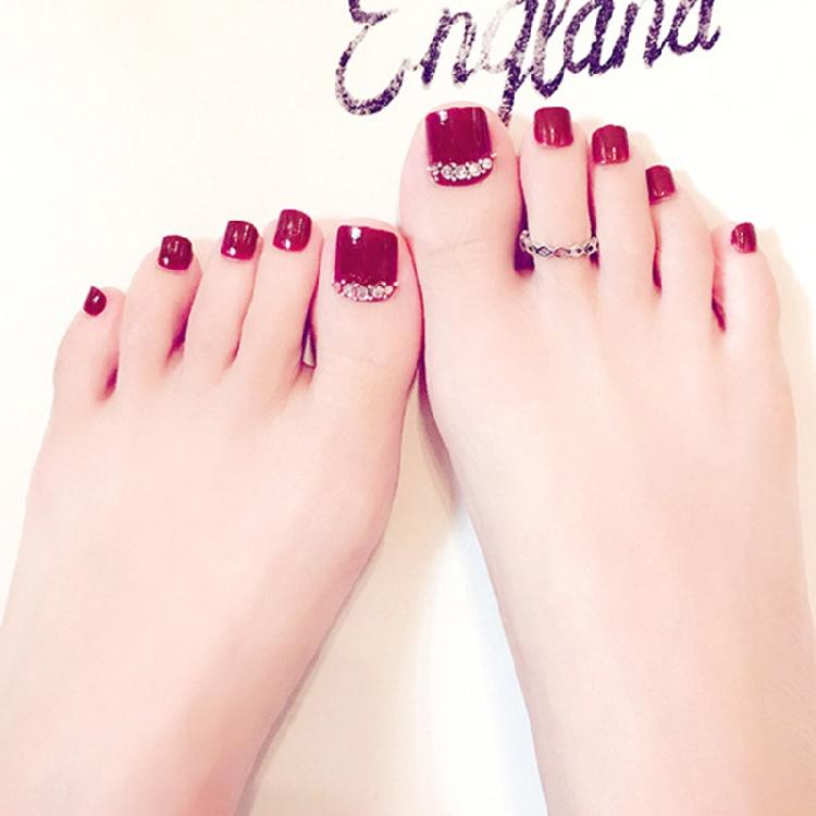 Wine Glossy False Toe Nails Fashion Square Short Full Cover 24PCS Fake Toenails