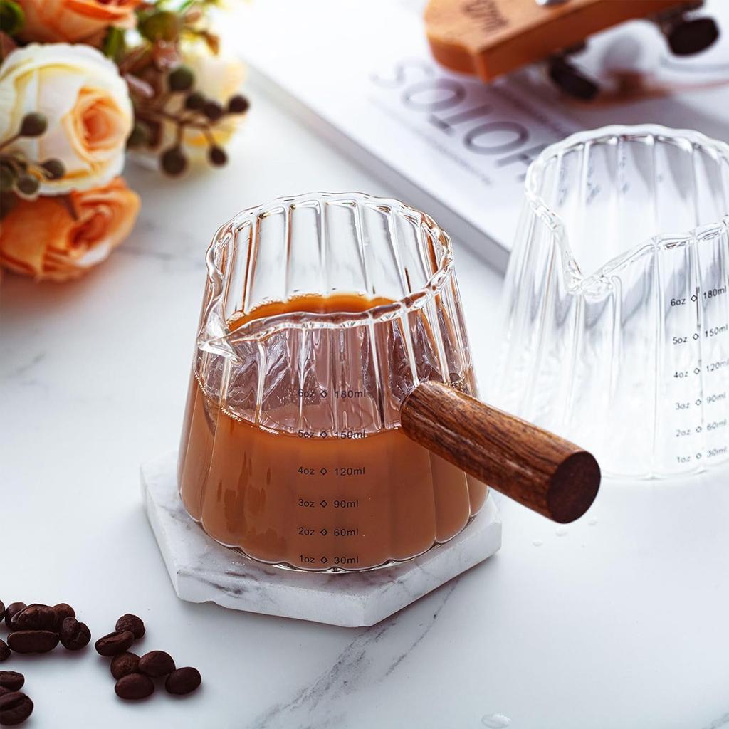 D5 Espresso Shot Glas Tasse mit Holzgriff Espresso Zubehör Einzelne Ausgießer Milchaufschäumer Messbecher Teetasse mit klarer Skala