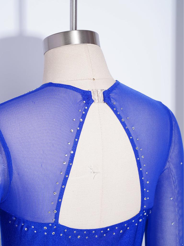 Long Sleeve Cutout Back Asymmetrical Hem Mesh Patchwork Dress with Rhinestones for Girls Figure Skating Competition Stage Show