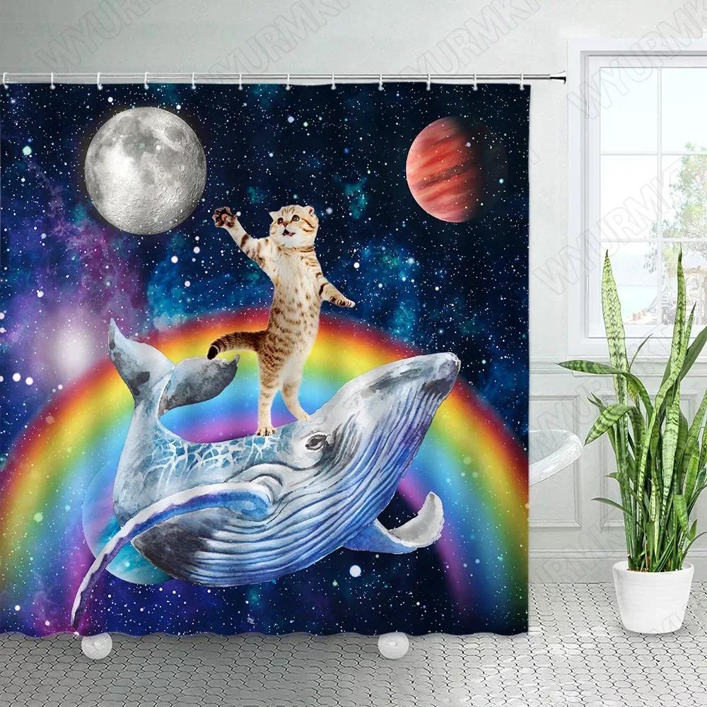 

Креативная шторка для душа с русалкой и китом, мультяшный астронавт, черепаха, кошка, морские волны, дизайн звездного неба, декор для детской ванной комнаты, шторка. 90x180cm