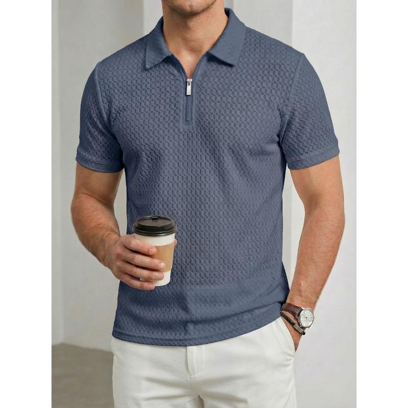High-end Stretch T-shirt: Men’s Collared, Zipped, Short-sleeved Checked Jacquard Casual Polo Shirt