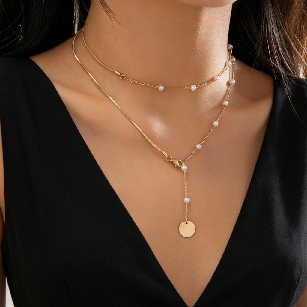 European & American Simple Snake Bone Pearl Double Layer Necklace for Women