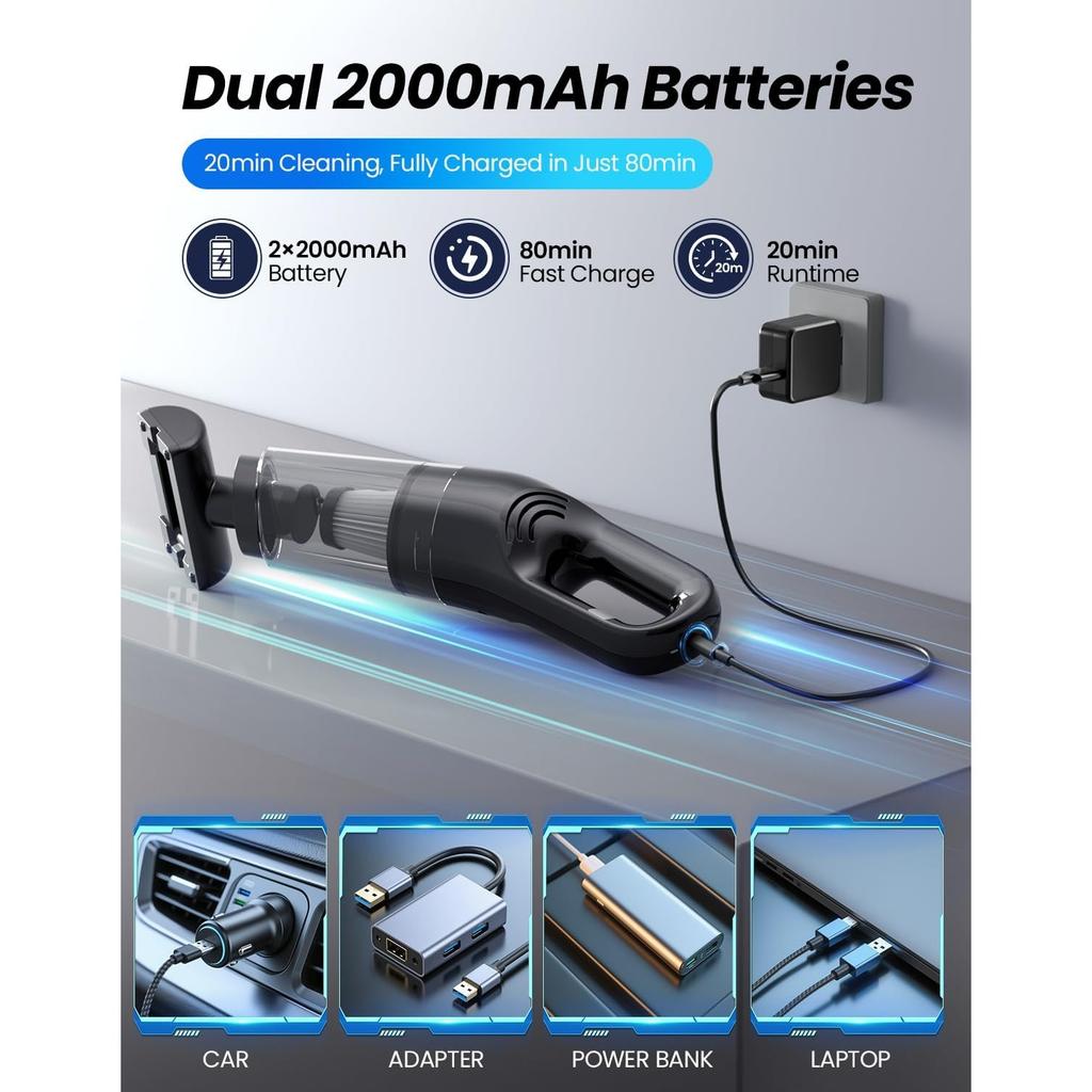 Handheld Vacuum Cordless, 26,000 Pa High Power Suction, Portable Rechargeable Car Vacuum Cleaner for Home, Pet Hair, Keyboard & Furniture, Black