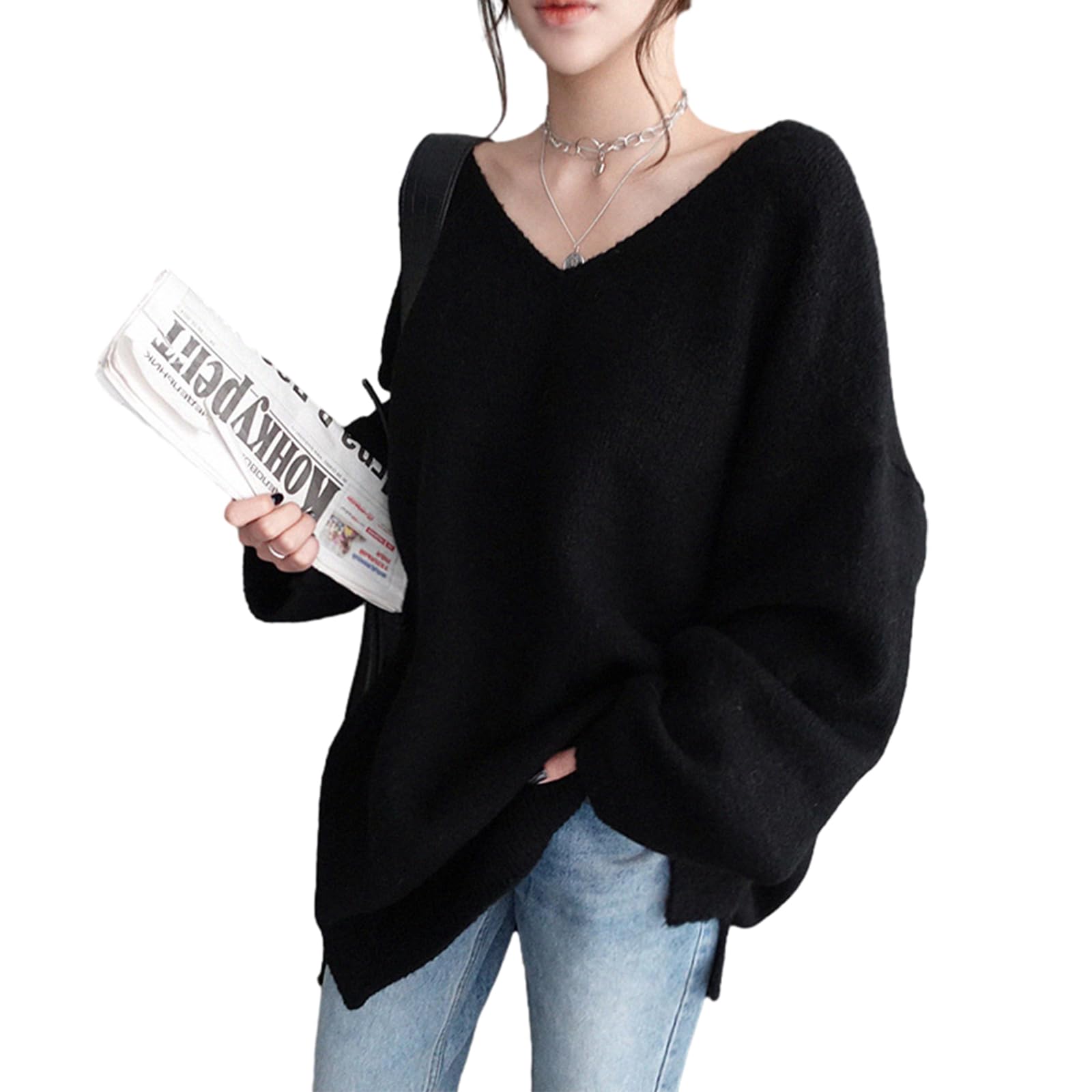 

Knit Long Sleeve Loose Side Casual Top for Korean Perfect for Winter [OGCPWYQZ] Women s Sweater, V-Neck Top, Blouse, Fit, Slits, Flattering, Slimming, чорний
