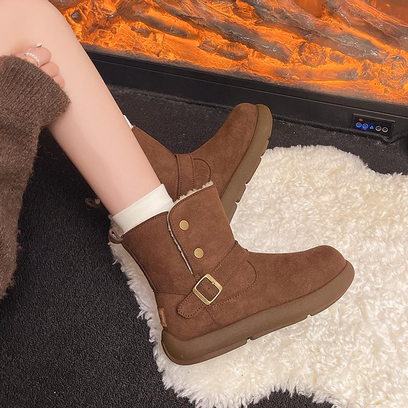 Women's Plus Size Soft-Sole Height-Enhancing Warm Winter Leather-Fur Combination Snow Boots with Plush Lining for Outdoor Sports