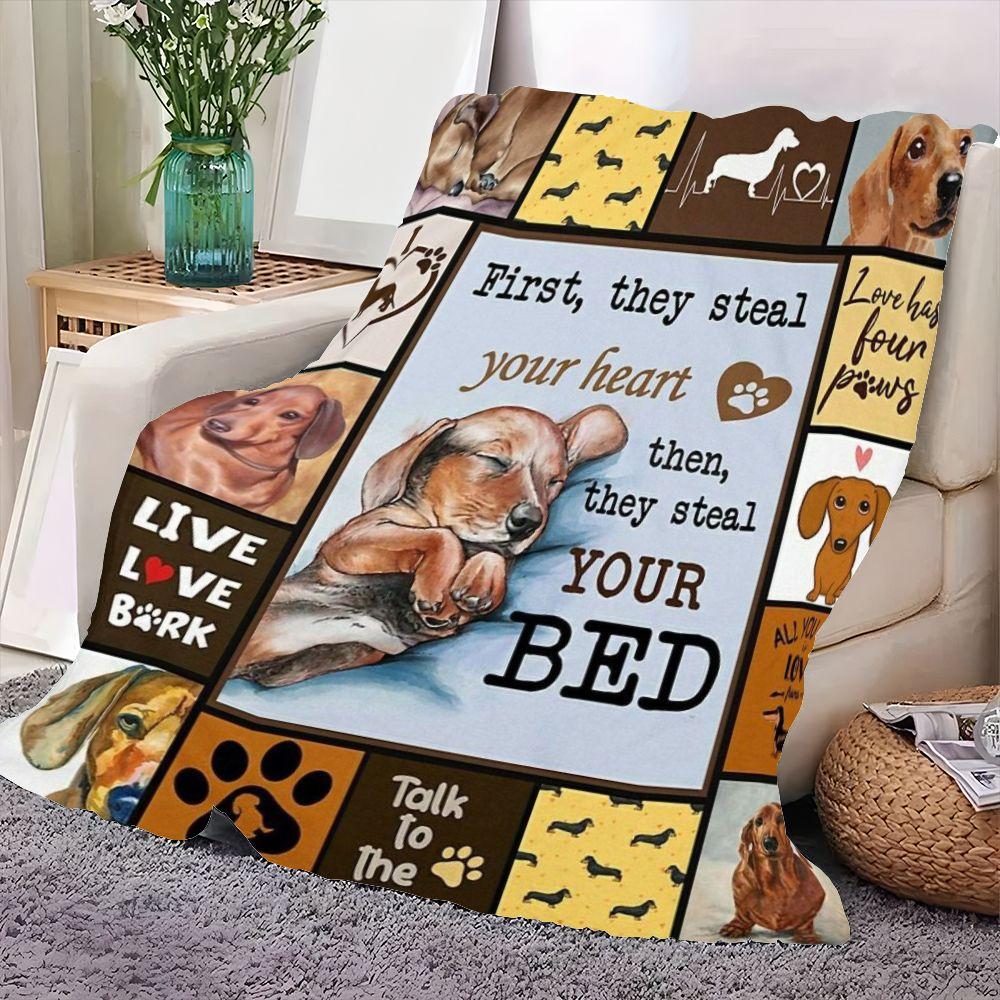 Dachshund Lovers Cozy Blanket - Adorable Collage of Dachshund Illustrations with Heartwarming Quotes and Paws Design - Perfect f 75cmx90cm