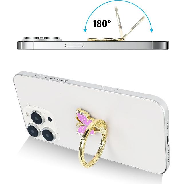 Guppy Glitter Cell Phone Ring Holder Finger Kickstand, Bling Metal Cute Butterfly 180°Rotate Finger Ring Golden Kickstand Adjustable Sparkle Phone